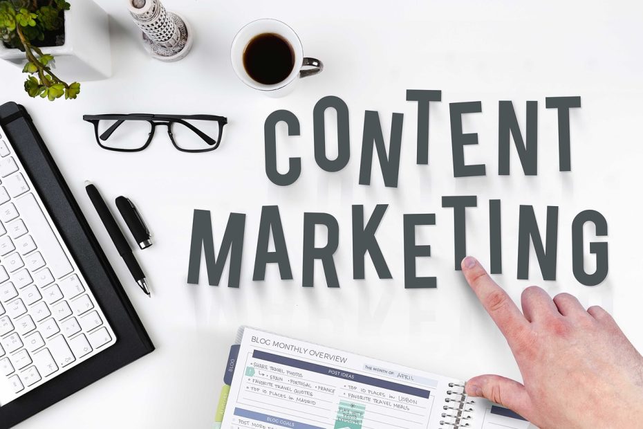 Content marketing text on desk setup